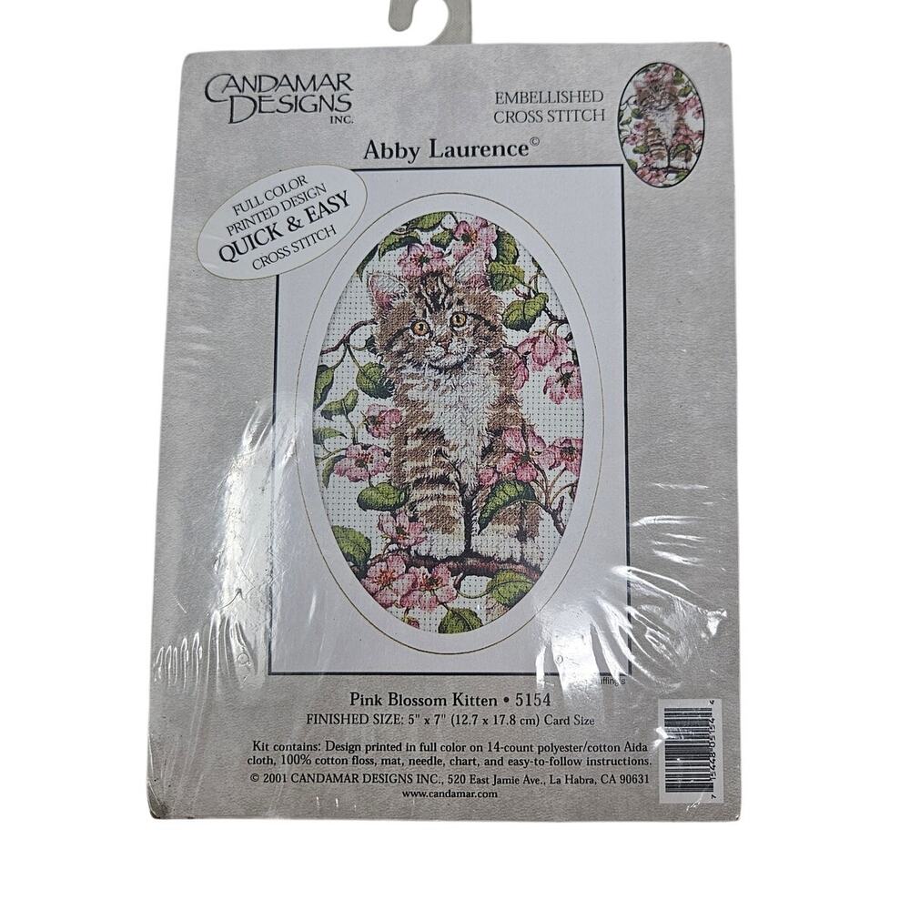 Candamar Designs Embellished Cross Stitch Pink Blossom Kitten Cat Kit Cottage